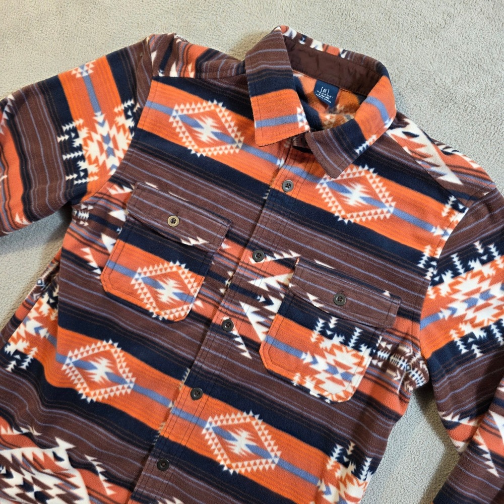 George Fleece Button Down Shirt Men Small Orange Brown Southwestern Aztec Grunge